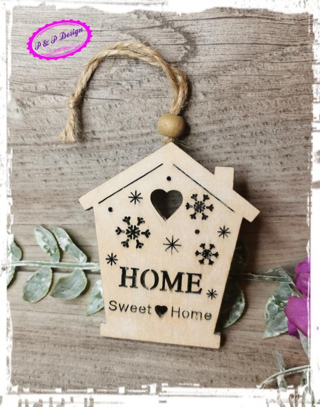 Natúr fa akasztós házikó, 7*7,5 cm + akasztó - Home Sweet Home felirattal