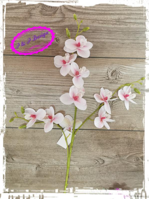 Phalenopsis - gumi Orchidea - ág, 10 virággal 3 ágon, kb. 86 cm hosszú - fehér-rózsaszín cirmos - szép, jó minőségű!