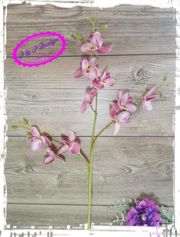 Phalenopsis - gumi Orchidea - ág, 10 virággal 3 ágon, kb. 86 cm hosszú - pinkes-lilás szín - szép, jó minőségű!