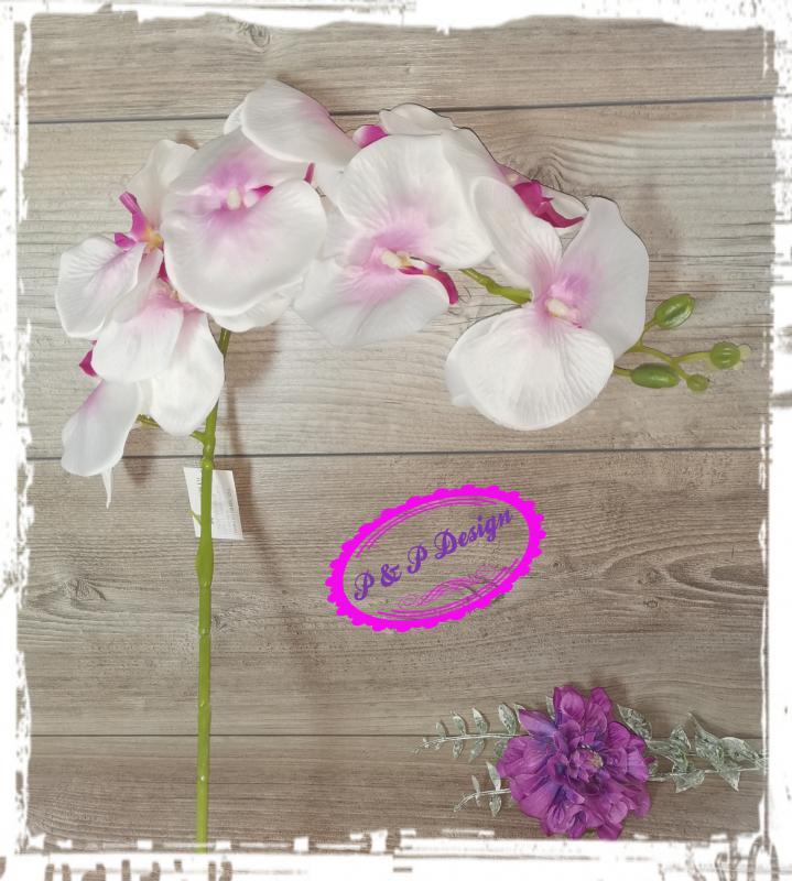 Selyemvirág orchidea szál kb. 105 cm hosszú, 8 nagy virágfejes - fehér rózsaszín cirmos