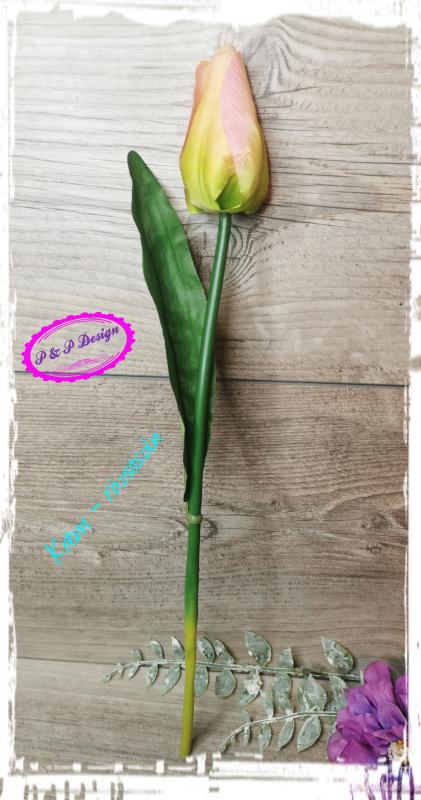 Szálas selyemvirág tulipán M37 cm, levéllel - krém-rózsaszín