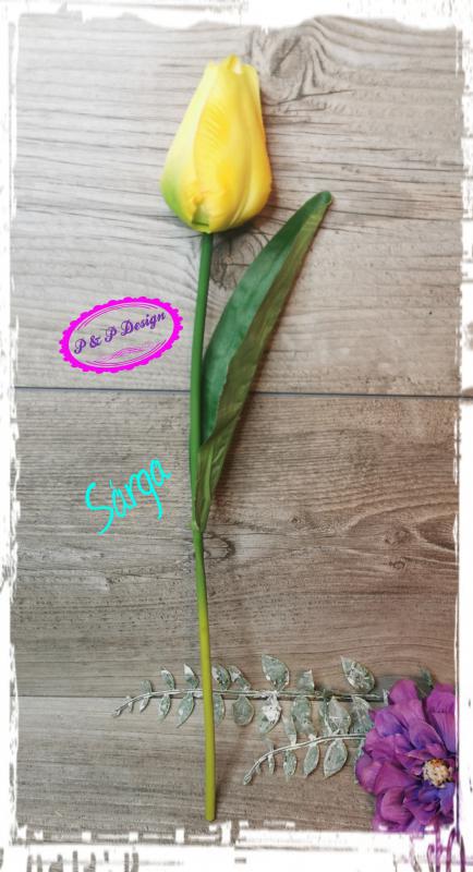 Szálas selyemvirág tulipán M37 cm, levéllel - sárga