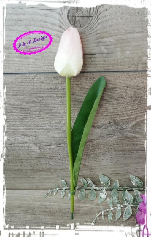 Szálas selyemvirág tulipán magassága min. 20 cm, levéllel - halvány rózsaszínes