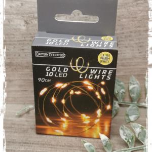 10 LED-es arany drótkábeles fényfüzér elemes (elemmel) - extra meleg - új, papír dobozos
