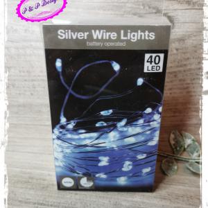 40 LED-es ezüst drótkábeles időzítős fényfüzér, elemes (elem nélkül szállítjuk)  - hideg fényű