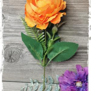 Díszítő művirágos ág, kb. 22 cm magas, egy paeonia virágfej, műzöld kiegészítő, levél - narancssárga