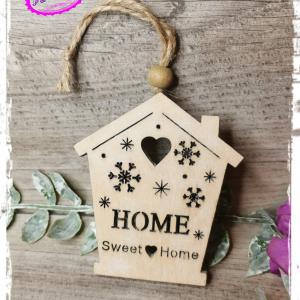 Natúr fa akasztós házikó, 7*7,5 cm + akasztó - Home Sweet Home felirattal