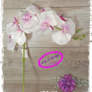 Selyemvirág orchidea szál kb. 105 cm hosszú, 8 nagy virágfejes - fehér rózsaszín cirmos