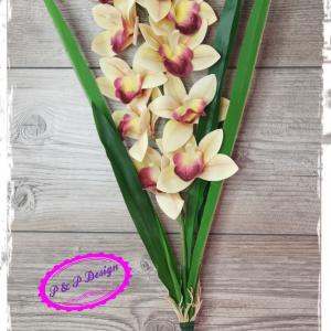 Szálas gumi orchidea, levéllel, kb. 42 cm + beültető szár, 10 virágfejes - sárgás