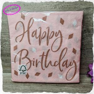 Szalvéta 33*33 cm, 20 db/csomag - Rózsaszínes, Happy Birthday felirattal