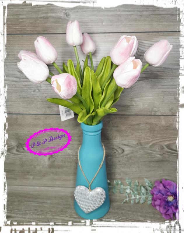 Tulipán szálas, gumi anyag M33 cm, puha gumi levéllel - világos rózsaszín cirmos