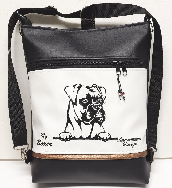 3in1 hímzett Boxer kutya hátizsák univerzális táska fekete fehér bronz