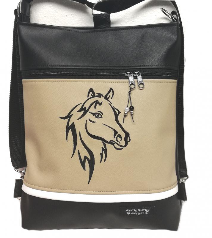 3in1 hímzett lovas hátizsák univerzális táska fekete-drapp