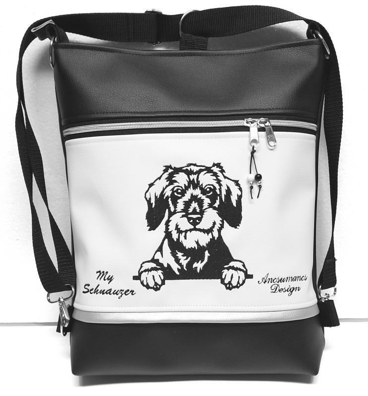 3in1 hímzett Schnauzer kutya hátizsák univerzális táska fekete fehér ezüst