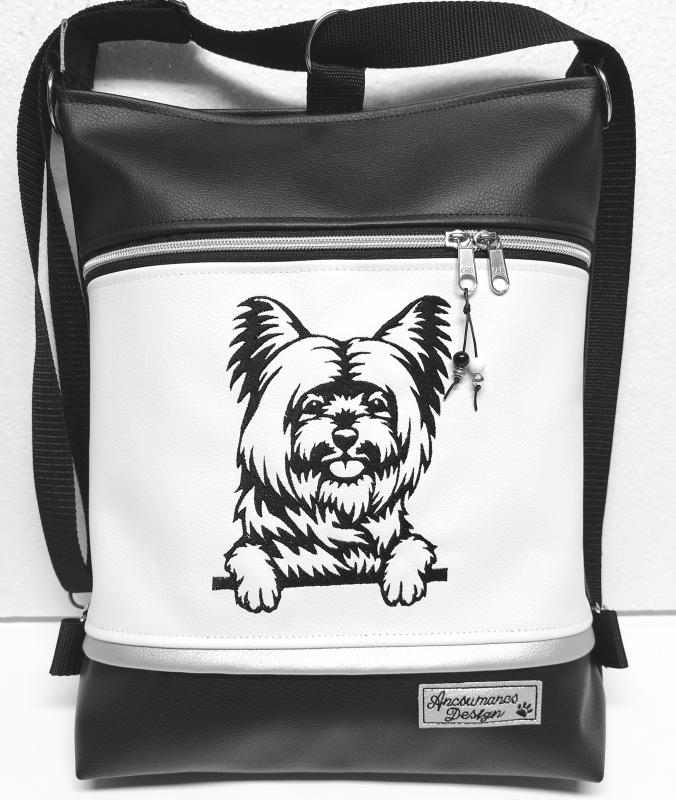 3in1 hímzett Yorkshire Terrier kutya hátizsák univerzális táska fekete fehér ezüst
