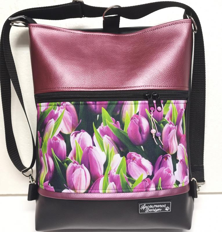3in1 női hátizsák divattáska oldaltáska Lila tulipánok metál bőrrel