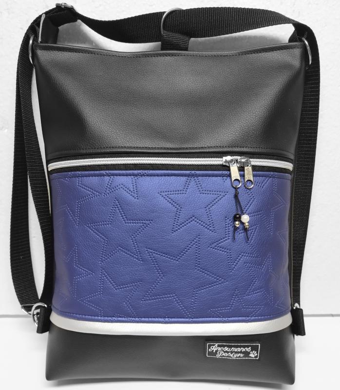 3in1 női hátizsák univerzális táska Kék csillagok fekete alapon ezüst cipzárral