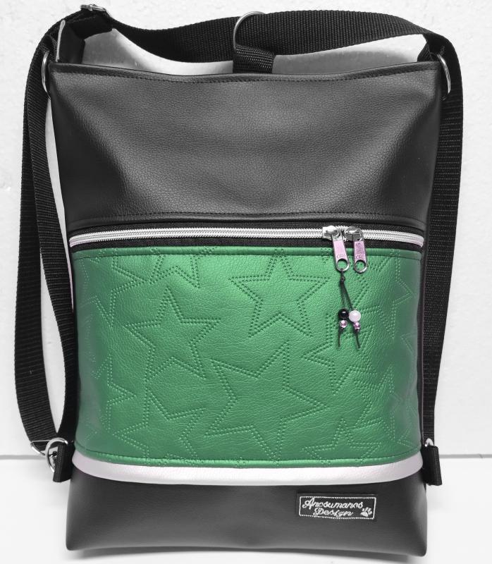 3in1 női hátizsák univerzális táska Zöld csillagok fekete alapon ezüst cipzárral