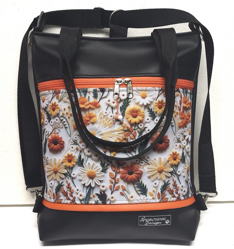 4in1 textilbőr hátizsák univerzális táska 3D virágok fekete alapon narancs díszítéssel