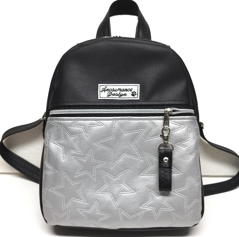 Back Pack M hátizsák - Elegáns fekete ezüst csillagokkal textilbőr pántokkal 33x27x10