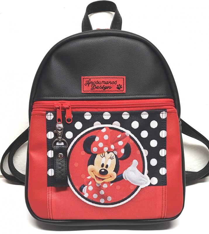 Back Pack S hátizsák - Minnie fekete és piros alapon textilbőr pántokkal 29x24x10