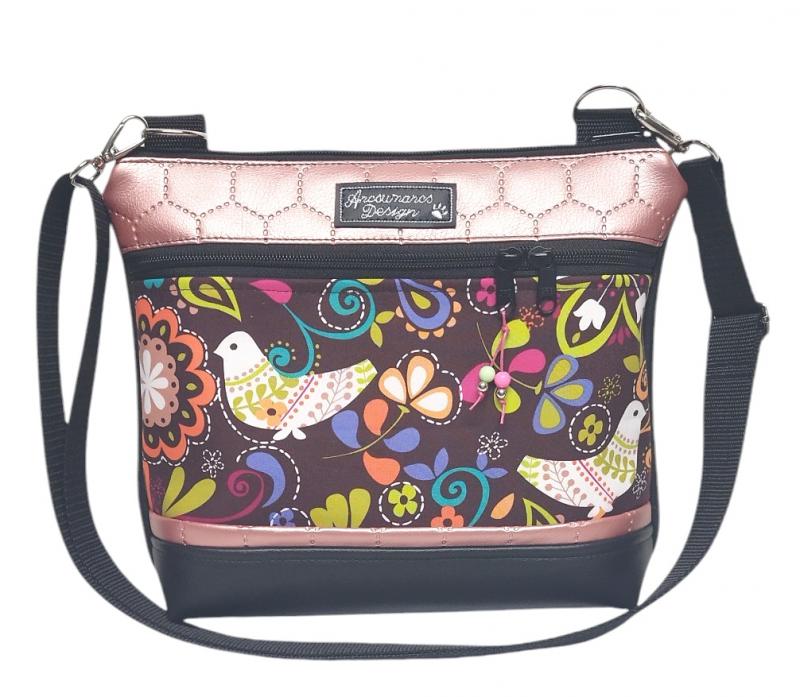 Bella crossbody oldaltáska övtáska 28x24cm - Modern népmesés - Fekete-gyöngyházrose