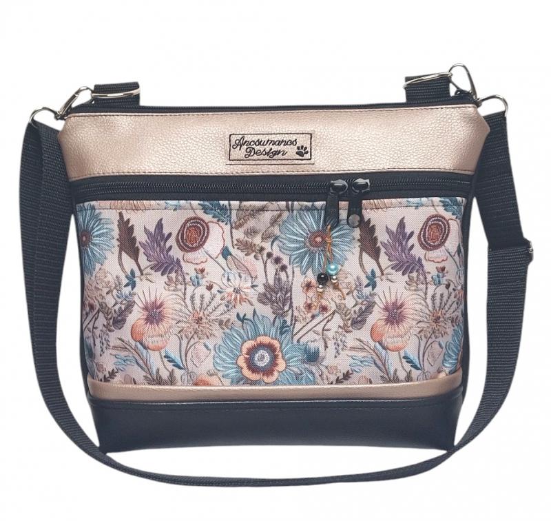 Bella crossbody oldaltáska övtáska 28x24cm - Réti virágok fekete-gyöngyházpúder