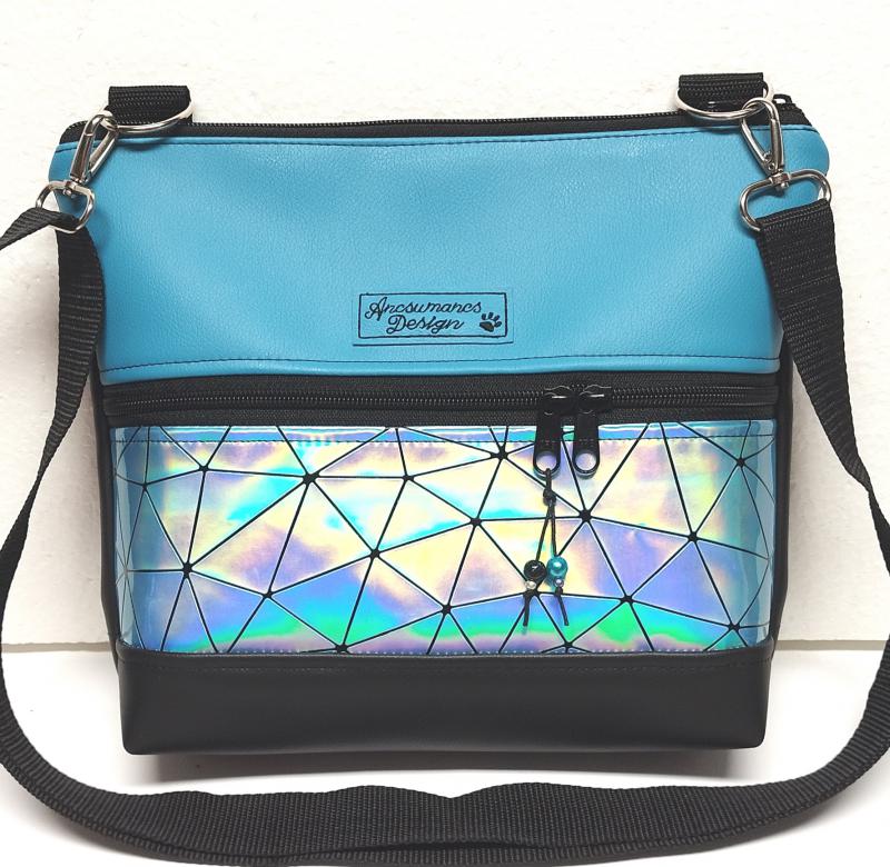 Bella crossbody oldaltáska övtáska 28x24cm - Türkiz lézerhologram