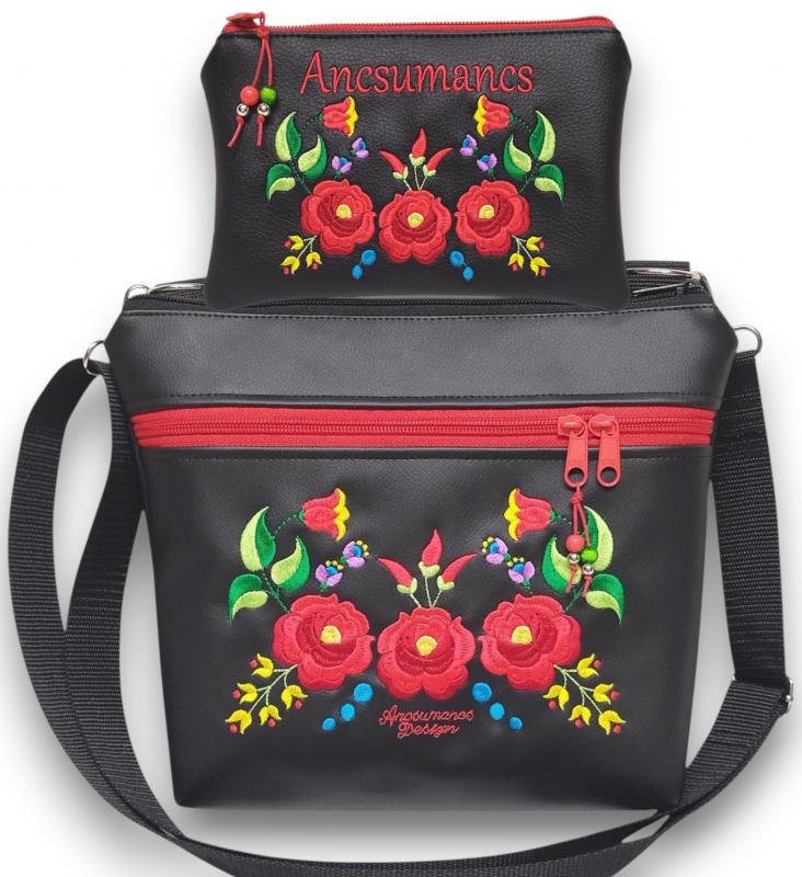 Bella crossbody oldaltáska szett neves pénztárcával 28x24cm - Hímzett Kalocsai virágos Hungarian Folkart30