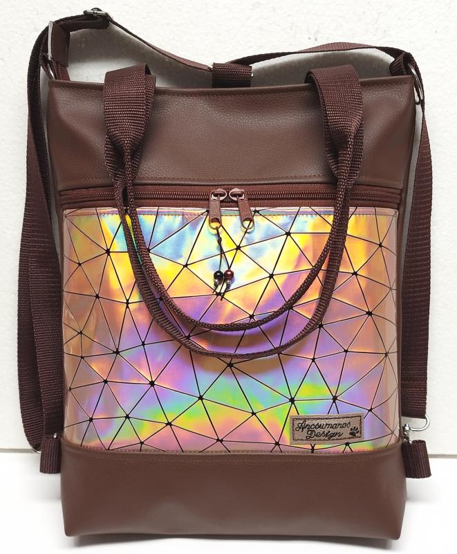 Elegáns 4in1 kakaóbarna lézerhologramos textilbőr hátizsák univerzális táska