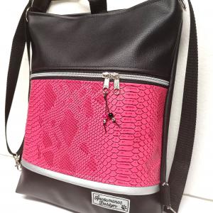 3in1 fekete pink metál hüllőmintás női hátizsák oldaltáska
