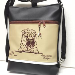 3in1 hímzett Shar Pei kutya hátizsák univerzális táska fekete drapp
