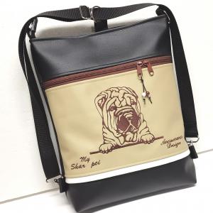 3in1 hímzett Shar Pei kutya hátizsák univerzális táska fekete drapp