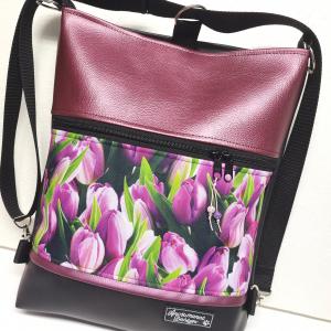 3in1 női hátizsák divattáska oldaltáska Lila tulipánok metál bőrrel