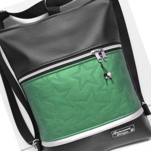 3in1 női hátizsák univerzális táska Zöld csillagok fekete alapon ezüst cipzárral