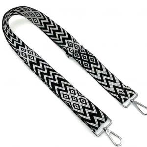 Állítható méretű designer táska vállpánt karabinerekkel 3,8cm fekete fehér chevron nikkel 020