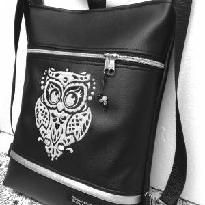 Art Bagoly 3in1 hímzett hátizsák univerzális táska fekete alapon fehér hímzéssel ezüst cipzárral