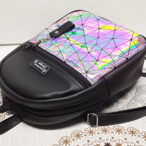 Back Pack S hátizsák - Elegáns fekete rose lézer hologrammal textilbőr pántokkal 29x24x10
