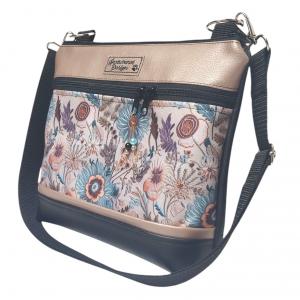 Bella crossbody oldaltáska övtáska 28x24cm - Réti virágok fekete-gyöngyházpúder