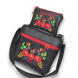 Bella crossbody oldaltáska szett neves pénztárcával 28x24cm - Hímzett Kalocsai virágos Hungarian Folkart30