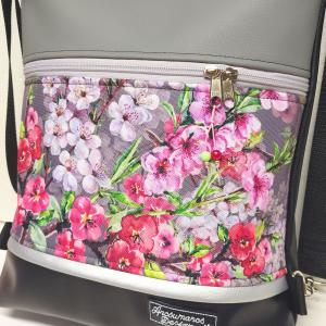Cseresznye virágok 3in1 textilbőr hátizsák,univerzális táska,  szürke fekete alapon cordura díszítéssel