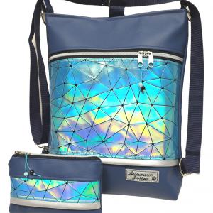 Elegáns 3in1 kék lézerhologramos textilbőr szett hátizsák+neszi tengerészkék alapon