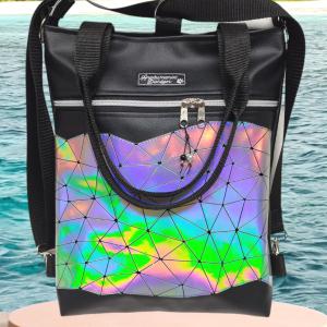 Elegáns 4in1 szivárvány lézerhologramos textilbőr hátizsák univerzális táska fekete alap
