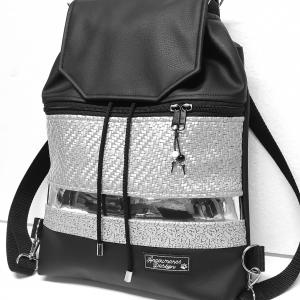 Fedélrészes zsinóros 3in1 hátizsák univerzális táska - Ezüst tükör fekete