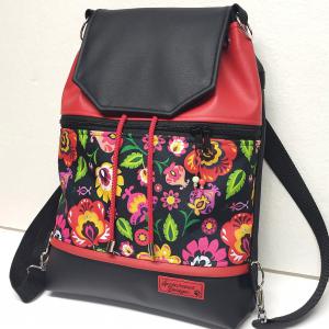 Fedélrészes zsinóros 3in1 hátizsák univerzális táska - Folk virágok pios fekete alapon