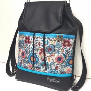 Fedélrészes zsinóros 3in1 hátizsák univerzális táska - Folk virágok türkiz fekete alapon