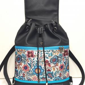Fedélrészes zsinóros 3in1 hátizsák univerzális táska - Folk virágok türkiz fekete alapon