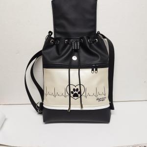 Fedélrészes zsinóros 3in1 hátizsák univerzális táska - Hímzett EKG szív tappancs pezsgő-fekete