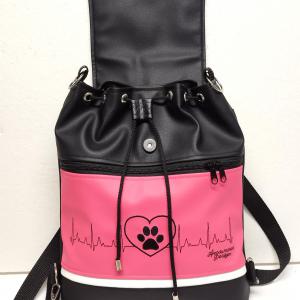 Fedélrészes zsinóros 3in1 hátizsák univerzális táska - Hímzett EKG szív tappancs pink-fekete