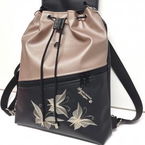 Fedélrészes zsinóros 3in1 hátizsák univerzális táska - Hímzett pillangók fekete-gyöngyházpúder